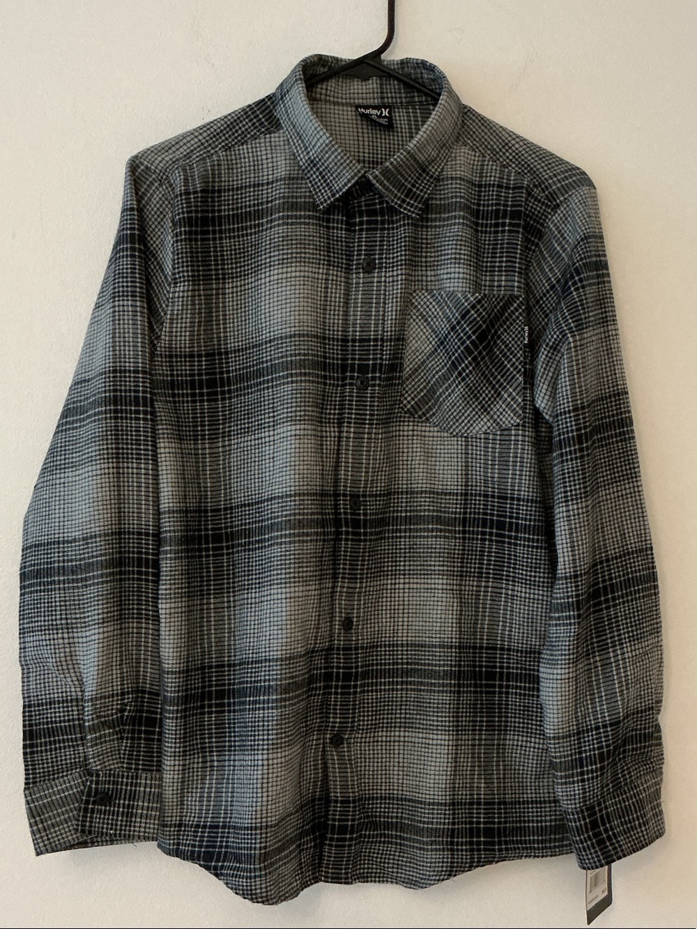 Hurley Flannel Plaid Shirt Gray & Blk Boys  Sz XL NWT
